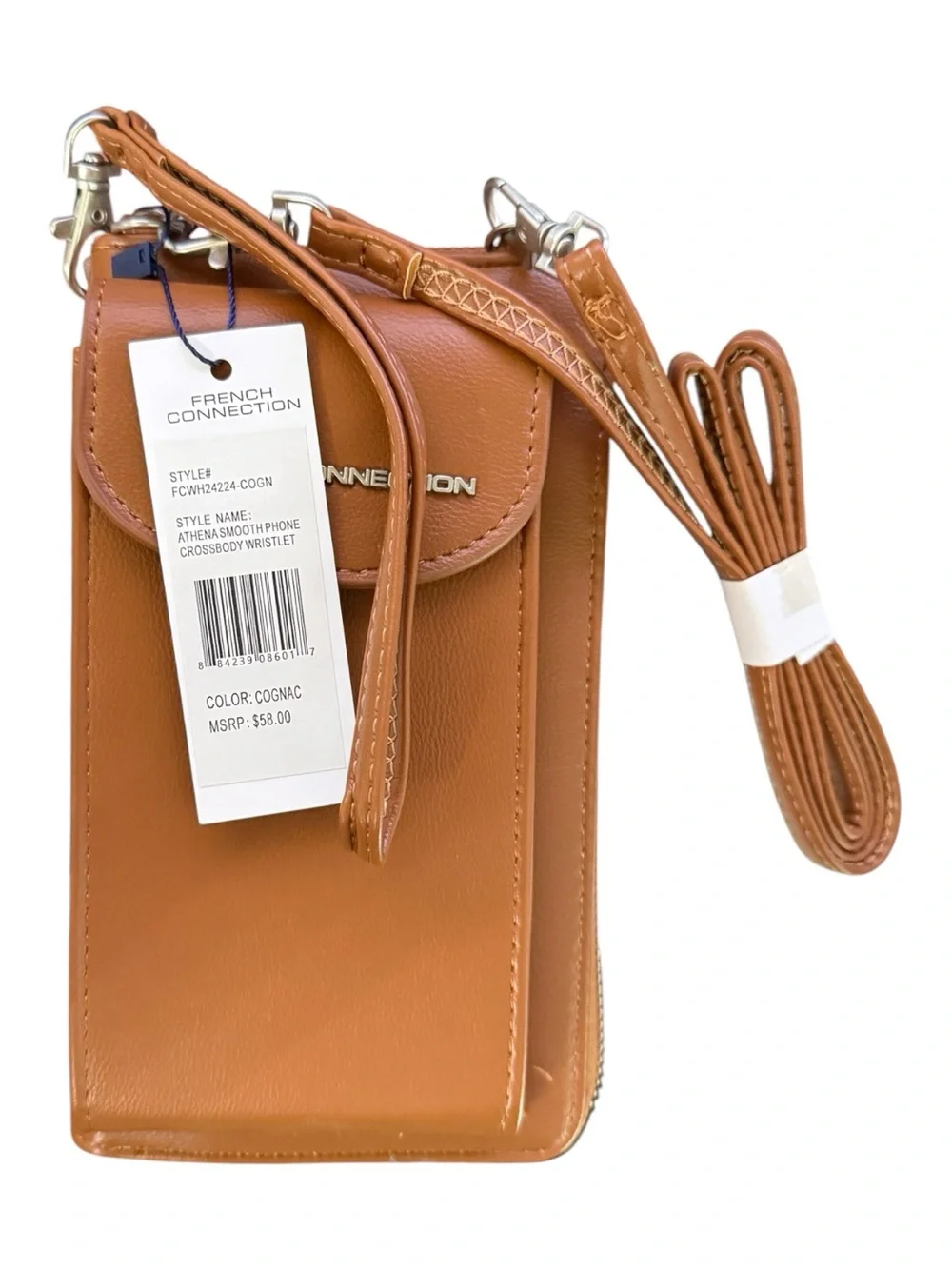 French Connection Athena Smooth Phone Crossbody Wristlet Wallet Cognac NWT